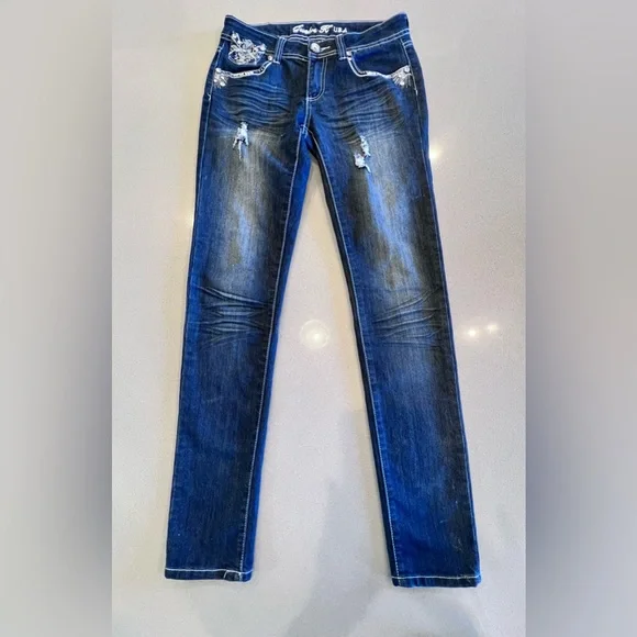 Low rise embellished distressed jeans Sz 5 - Picture 2 of 12